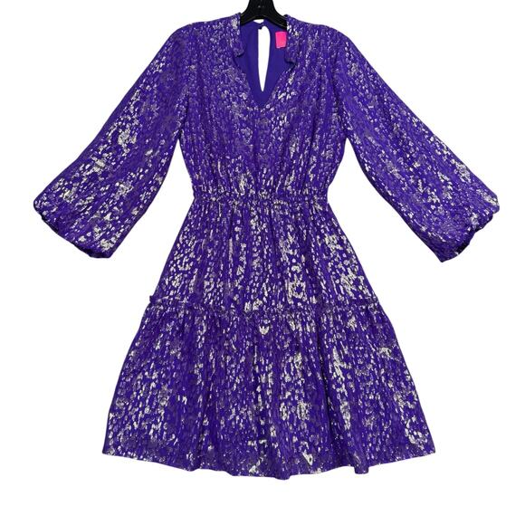 Lilly Pulitzer Purple Metallic Long Sleeve Tiered Dress Silk Blend Approx Size 0 - Picture 3 of 9